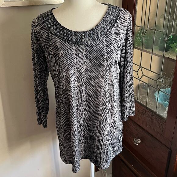 Effortless Style by Citiknits Gray & Black Abstract Print Blouse Size Small Boho - Picture 1 of 16